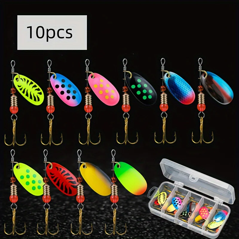 10 unids/caja Spinner cebo señuelo de pesca cuchara pluma accesorios de señuelo de agua salada anzuelo triple Metal duro señuelo Wobblers aparejos