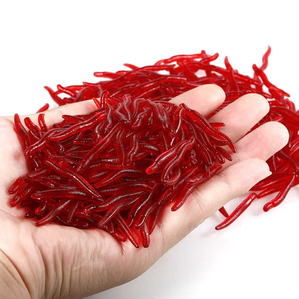 Señuelo suave de gusano rojo realista, 20 piezas-100 Uds., 35mm, pesca de lombriz de tierra, cebo Artificial de silicona, aditivo para camarones y pescado, coche de lubina - imagen 2