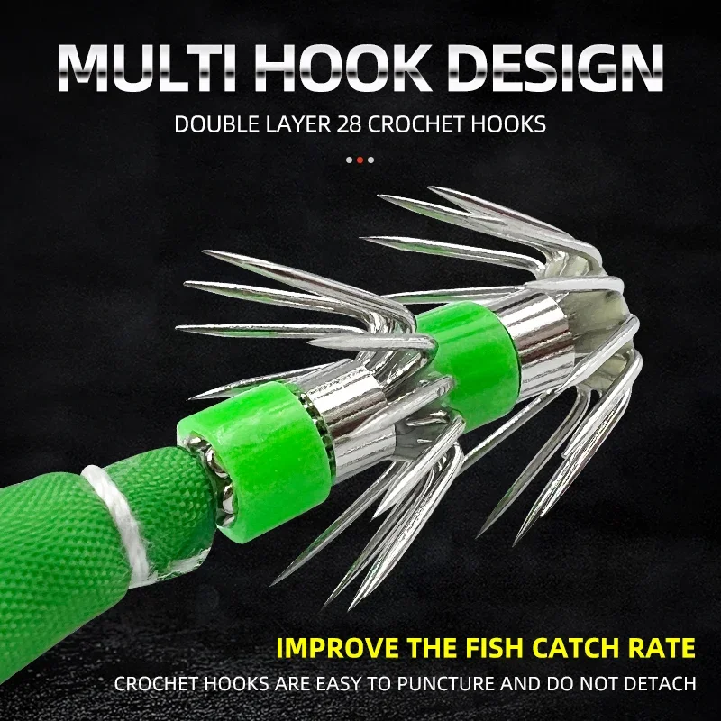 Rollo de tela con bigote luminoso, gancho de calamar, tela envolvente, gancho de paraguas de doble capa, señuelo biónico, anzuelo de calamar luminoso para pesca, 5 uds. - imagen 3
