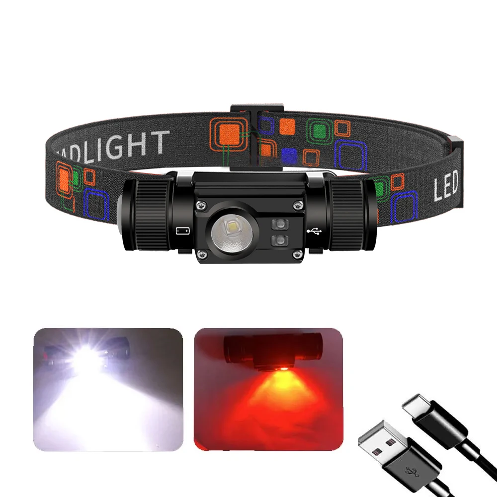 Faro LED de atenuación tipo C, luz de cabeza con función de memoria Flash, blanco y rojo, 18650