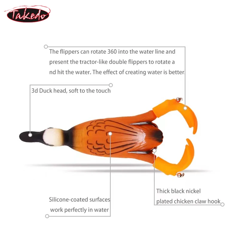 TAKEDO 9.5CM14G Topwater Frog señuelo Trolling Spin Bait Tractor pato señuelo con 6 #   Cebo de hélice de gancho triple para Lucio de cabeza de serpiente - imagen 3