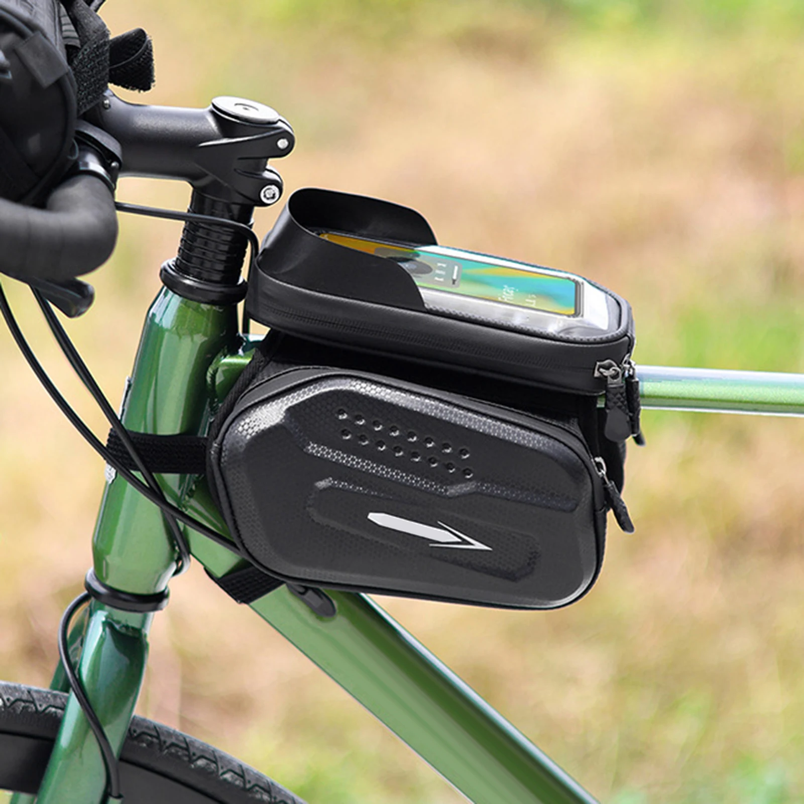 Bolsa para tubo superior de bicicleta, Exterior duro con soporte para teléfono de bicicleta, Compatible con pantalla táctil, conector para auriculares, gran capacidad, resistente a la lluvia - imagen 3
