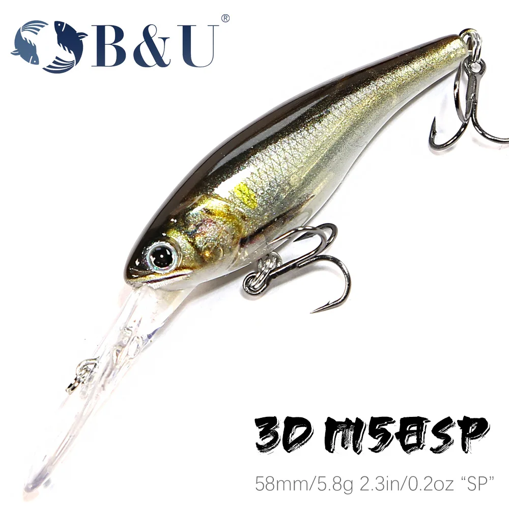 B&U Señuelos de pesca Minnow Suspend con sistema de fundición largo, cebo duro, Wobblers, Swimbait 58 mm Impresión 3D