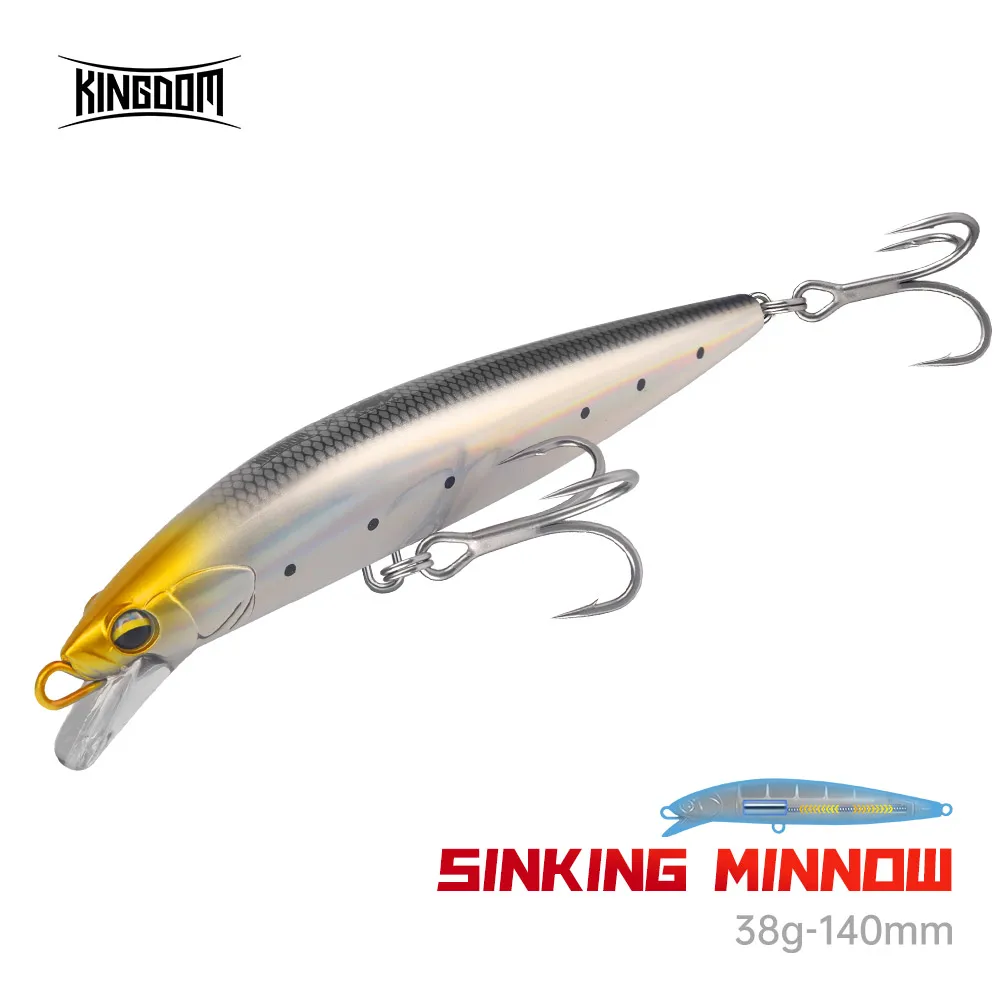 KINGDOM-señuelo de pesca de pececillo que se hunde, 38g, 140mm, cebos de pesca de fundición larga para agua salada, Seabait duro artificial para lubina oceánica