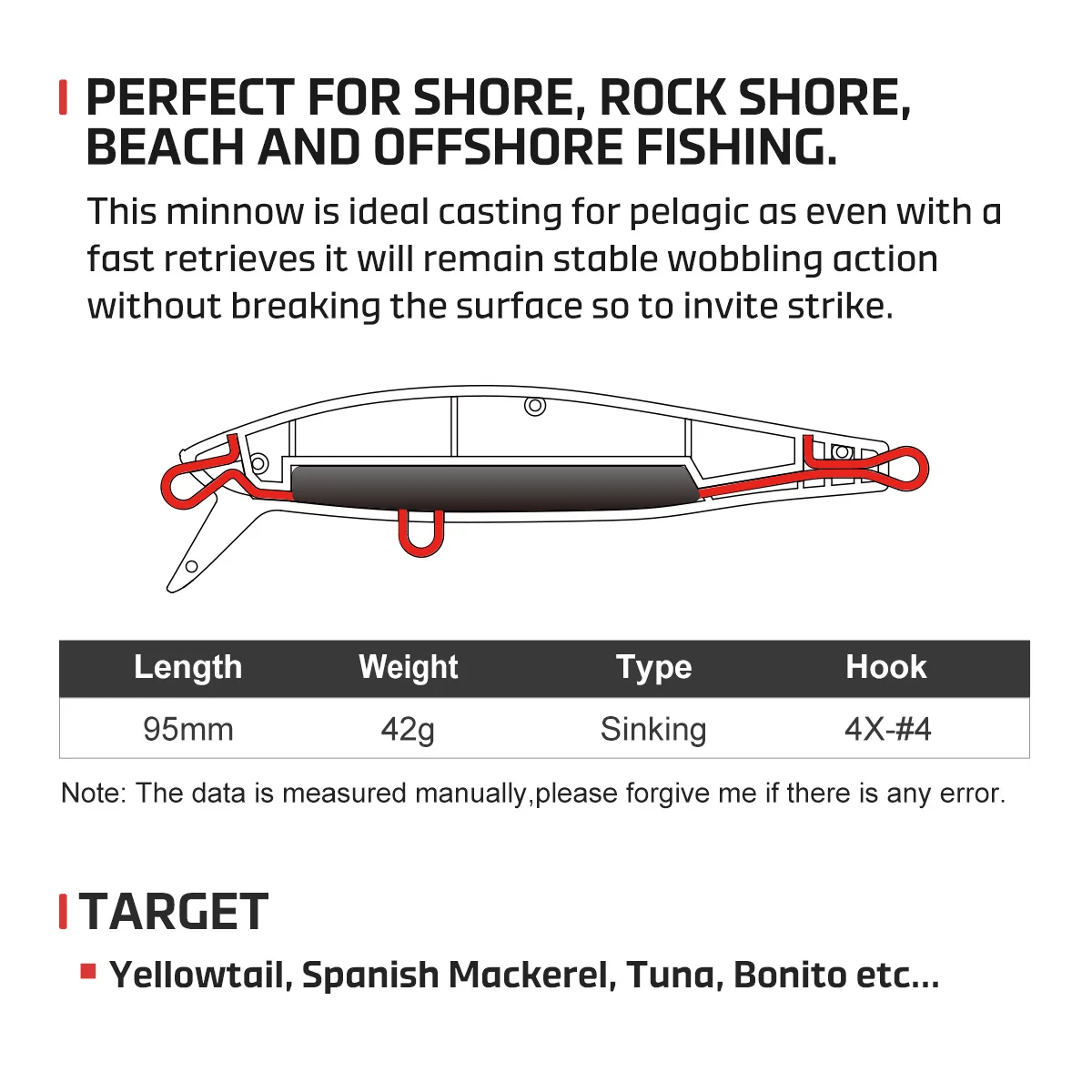 NOEBY pececillo de hundimiento pesado 95mm 42g 95HS Wobbler Shore lanzamiento en alta mar cola amarilla atún agua salada gran juego pesca señuelos duros - imagen 2