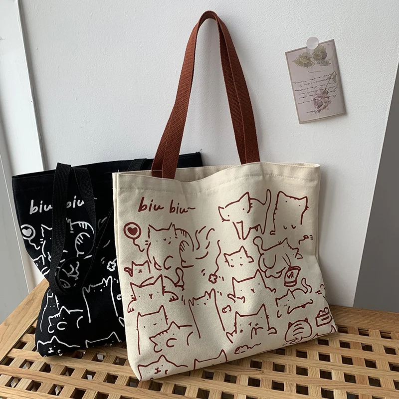 Bolsos de lona, bolso de mano para mujer, bolso de mano con bonito gato y cremallera, bolso de diseñador, bolsos de hombro pequeños de dibujos animados de estilo japonés