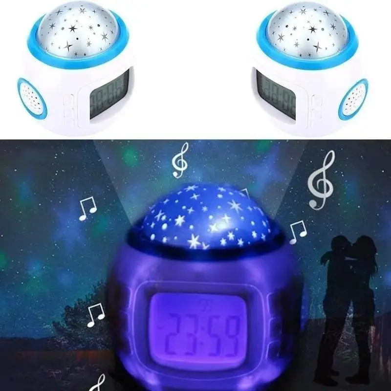 Reloj despertador para niños, cielo durmiendo, estrella, luz nocturna, proyector, lámpara, despertador para dormitorio, música, suministros para el hogar - imagen 3