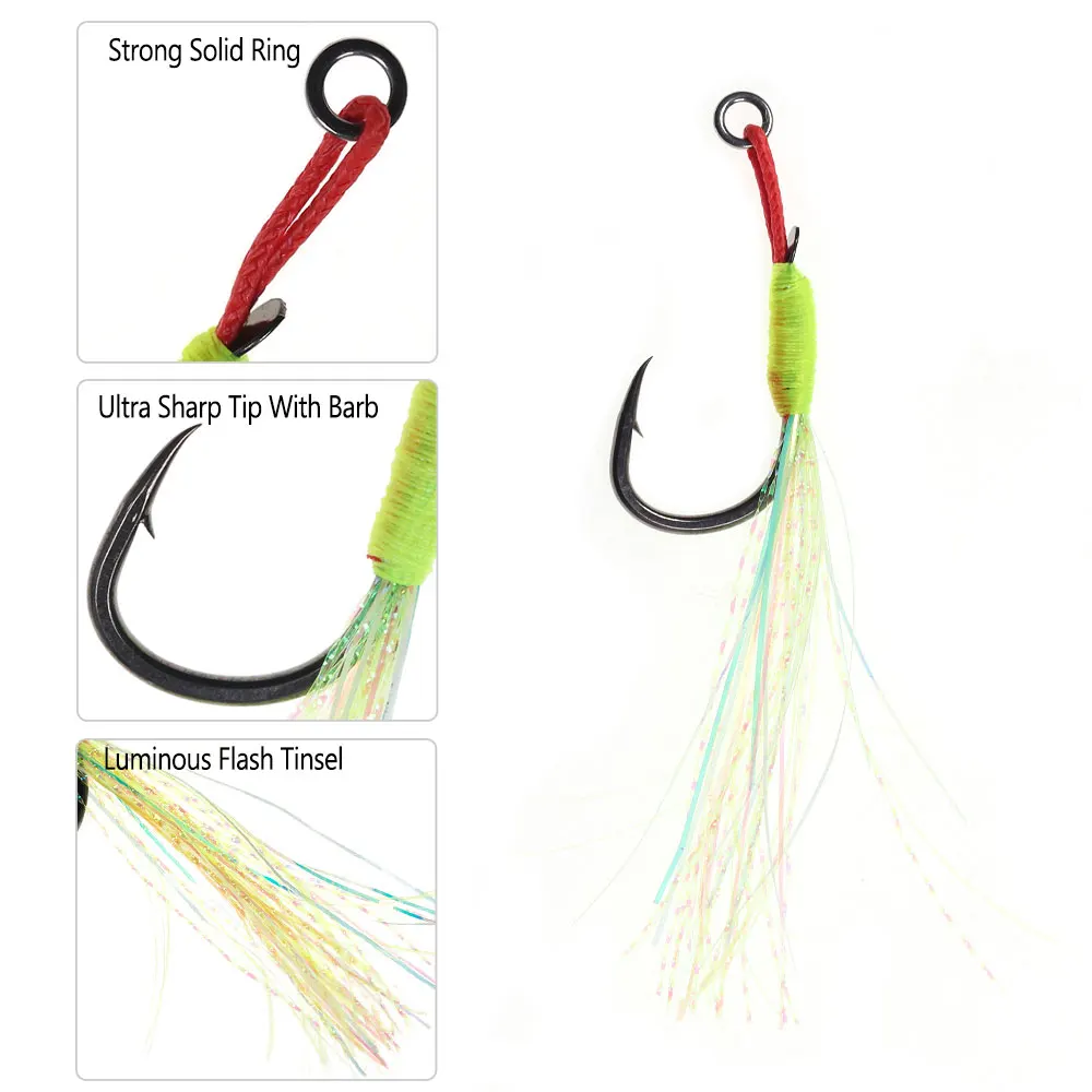 Bimoo-anzuelos de Metal luminoso de 10 piezas, anzuelos de asistencia de plantilla de acero de alto carbono, anzuelos de asistencia de púas individuales, aparejos de señuelo de pesca de mar - imagen 2