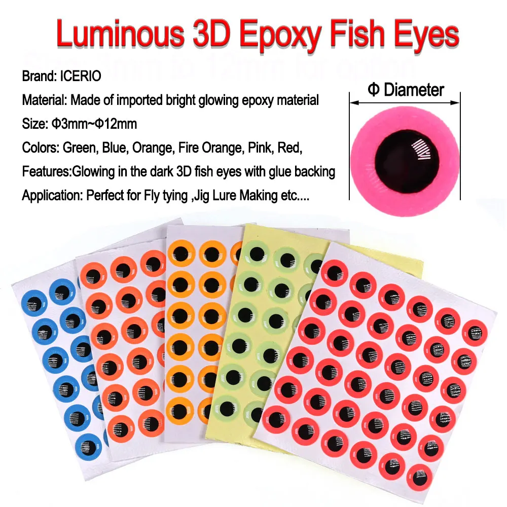 ICERIO 100 Uds. Ojos de pez epoxi 3D luminosos brillantes para atar moscas Streamer moscas de agua salada Señuelos de pesca Jig cebo Material de fabricación - imagen 2