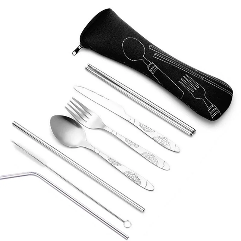 7 unids/set de vajilla de acero inoxidable, bolsa de tela portátil para exteriores, cuchillo, tenedor, cuchara, palillos, paja, flores ricas, siete juegos - imagen 2