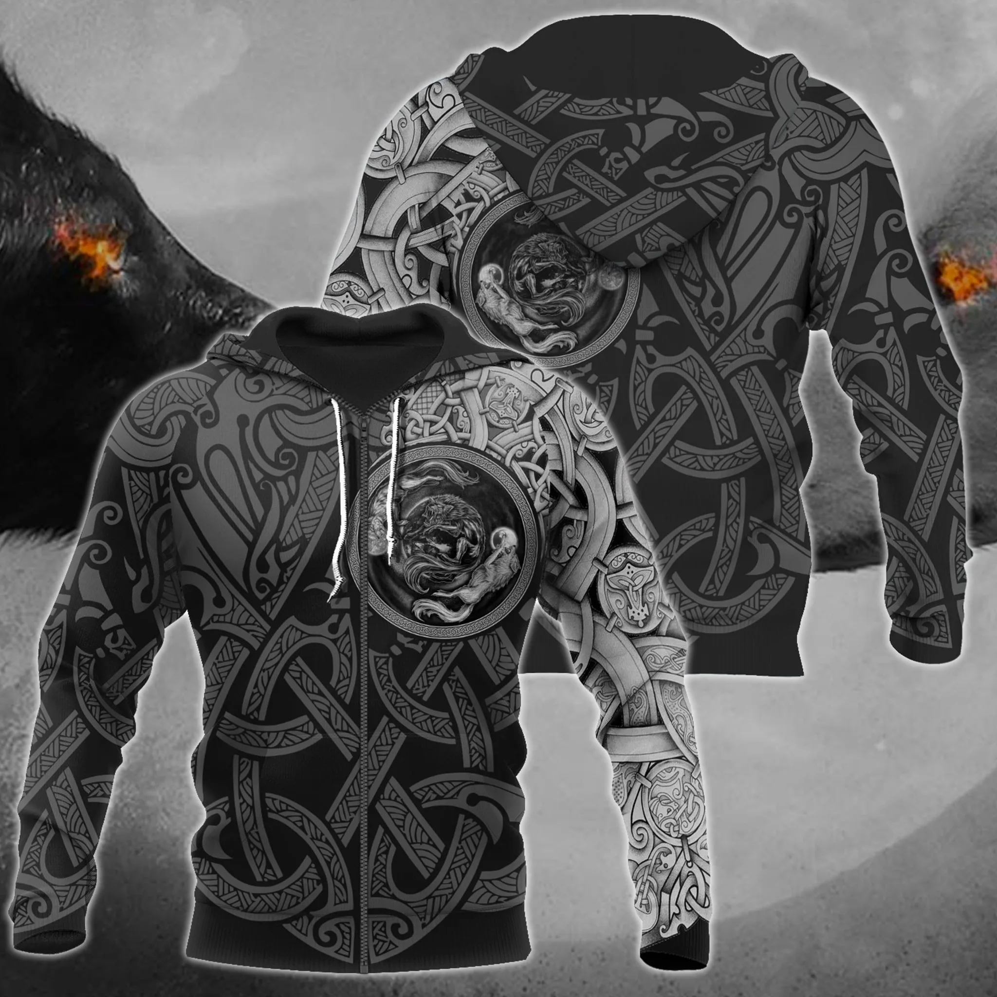 Sudadera con capucha y sudadera para hombre con estampado 3D de tatuaje de lobo blanco y negro, sudadera informal Unisex con cremallera QDY47 - imagen 3