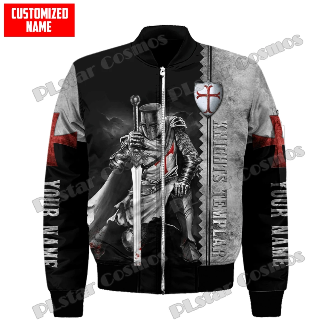 Chaqueta Bomber de invierno para hombre, abrigo con cremallera y bolsillo grueso con estampado 3D de Caballero Templario León, chaqueta cálida informal Unisex con cremallera, FX-14 - imagen 4