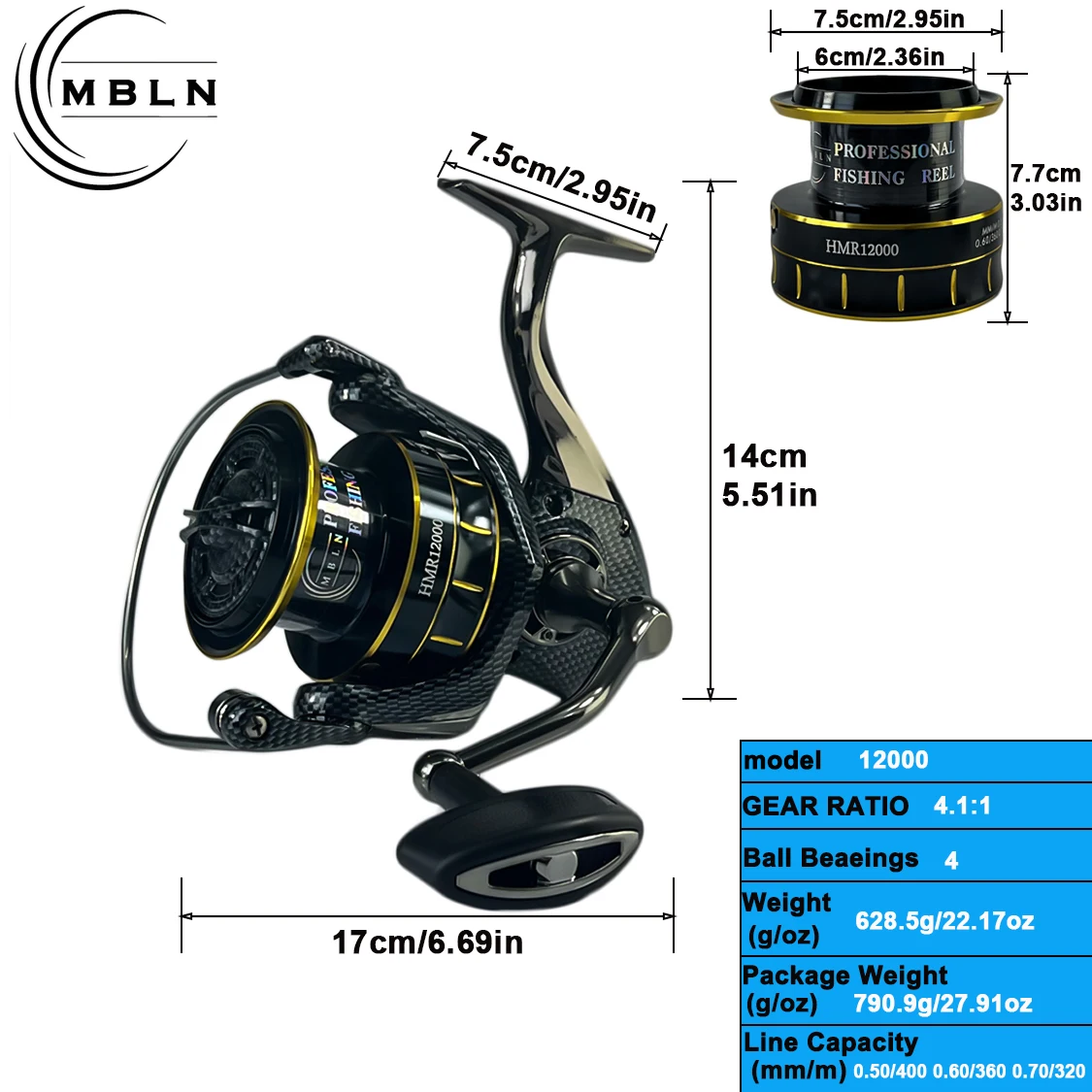 MBLN HMR12000 carrete de pesca giratorio para agua salada y dulce - imagen 4