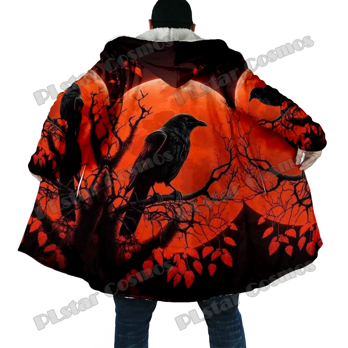 Capa de moda de invierno para hombre, capa con capucha de lana gruesa con estampado 3D de calavera de cuervo de Halloween, capa cálida informal Unisex BB62