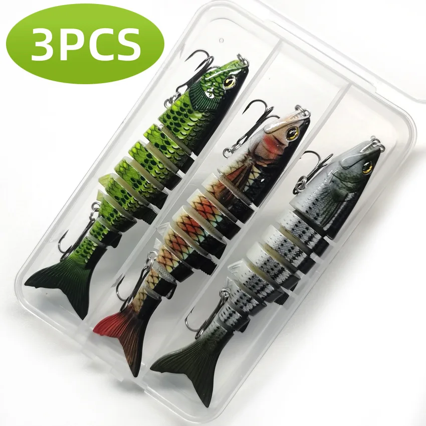 Juego de Señuelos de pesca Wobblers, pececillo biónico articulado, cebo duro Artificial, aparejos de pesca, Swimbait, Kit de señuelos con caja, 3 uds.