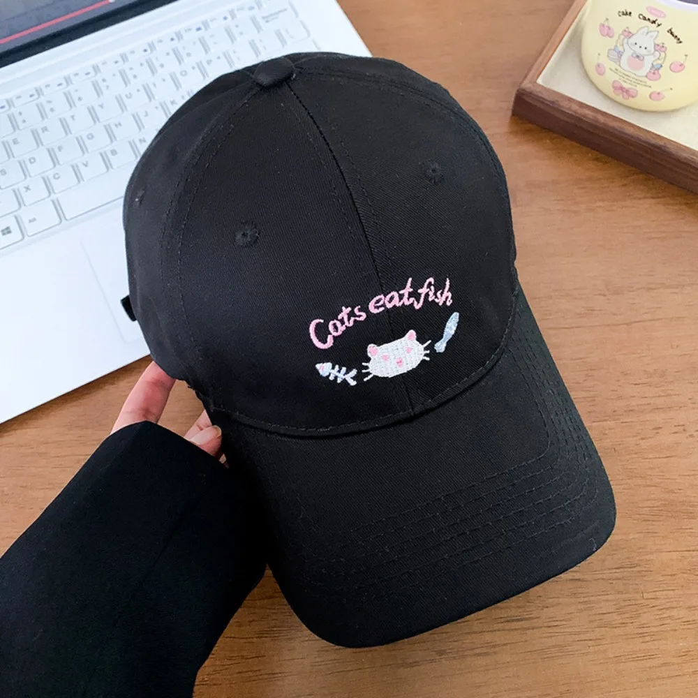 Gorra de béisbol de dibujos animados de gato bordado Simple, sombrilla informal con protección solar, gorra de algodón de estilo japonés con visera para estudiantes