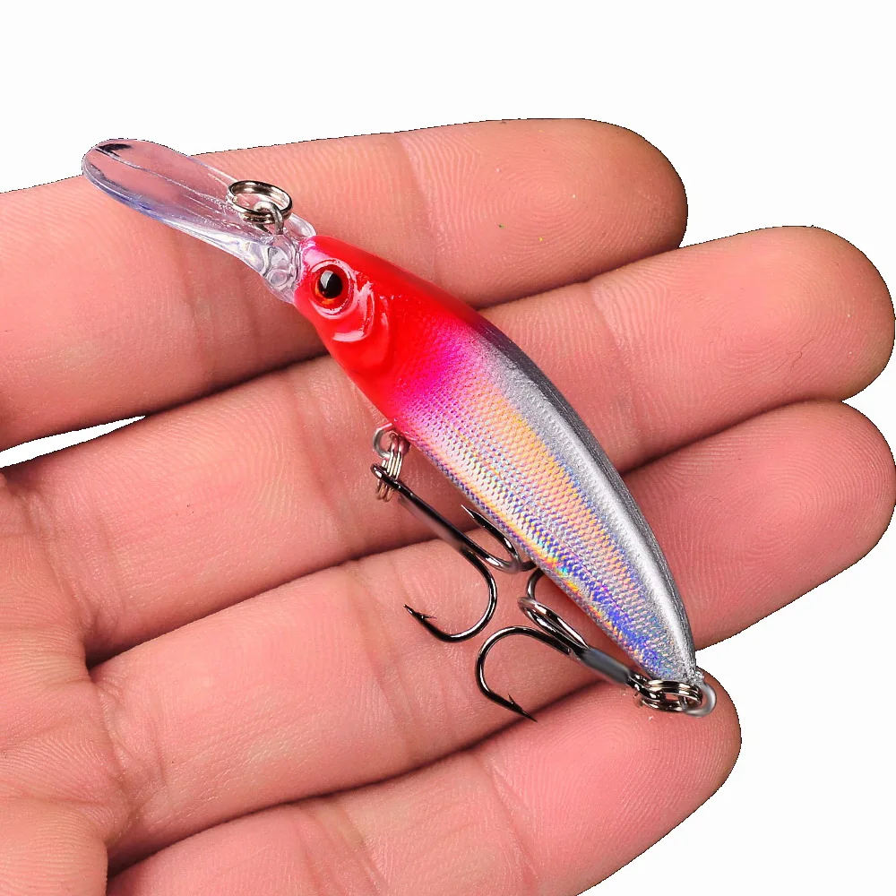 1 Pc Minnow 70mm 6g Longmouth señuelo cebo Señuelos de Pesca de Mar ojos 3d plástico duro Jerkbait pez Popper señuelo 8 #   Ganchos con 9 colores - imagen 2