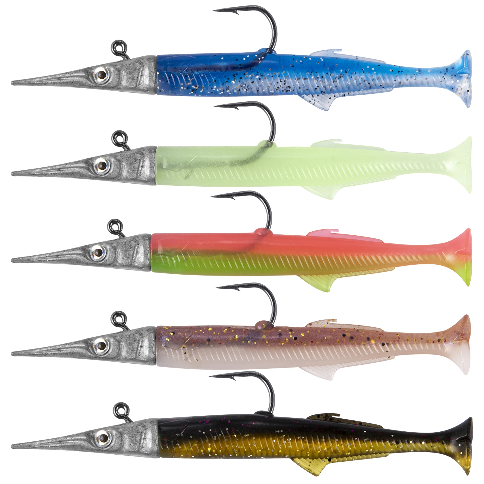 Sandeel-SEÑUELOS DE PESCA DE plástico blando, 5 piezas, con cola de paleta, cabezas de plantilla, 11,5 cm/14g, Swimbait para lubina, trucha, Lucio, agua salada