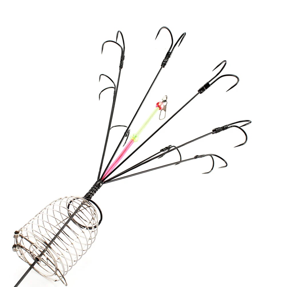 Anzuelo de pulpo atractivo de acero rico en carbono con jaula de cebo de Metal para alimentador de peces, 8 anzuelos de explosión para pesca de carpa - imagen 2