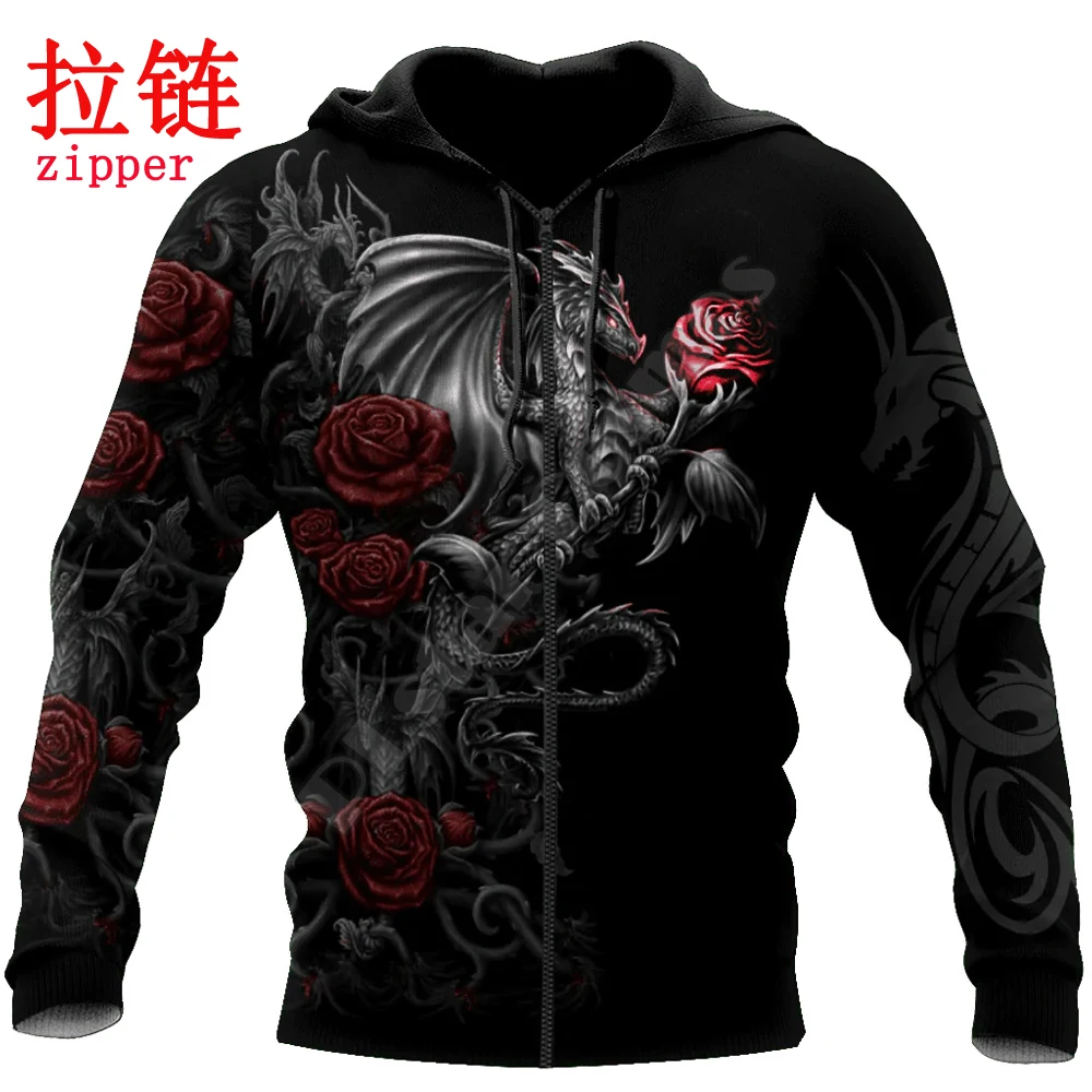 PLstar Cosmos Dragon & Rose flores tatuaje 3D completamente estampado moda hombres Sudadera con capucha Unisex cremallera Sudadera con capucha Casual chándales KJ980 - imagen 3