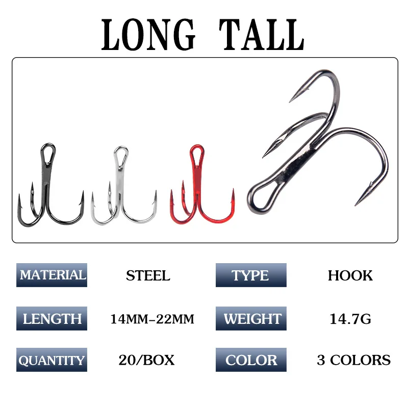 20 piezas de anzuelo en caja 2 # 4 # 6 # 8 #   Tres anzuelos de anclaje, níquel rojo, níquel negro, níquel blanco, acero rico en carbono, equipo de pesca con tres anzuelos - imagen 4