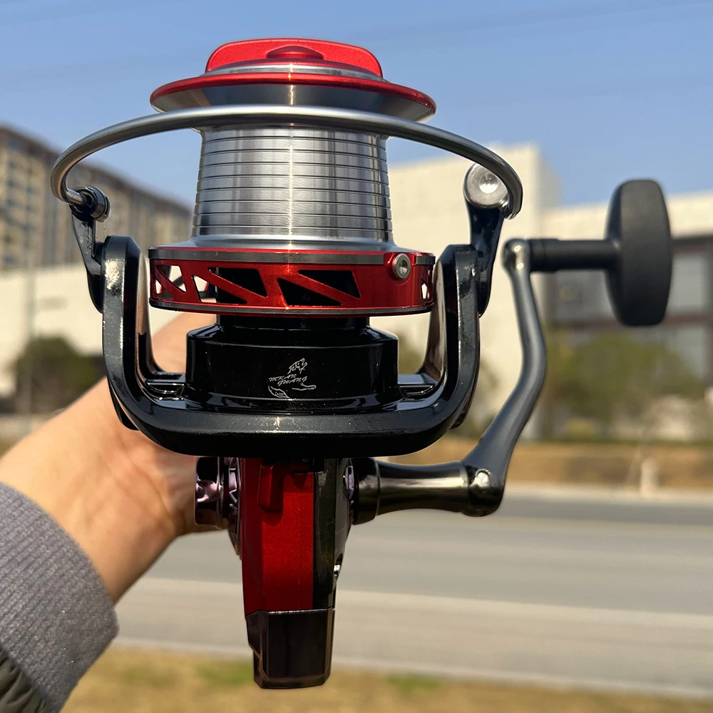 Carrete de pesca serie 9000/10000/12000, carrete de Metal de gran capacidad, rueda giratoria para pesca en el mar, máximo 25kg, pies de Metal duraderos - imagen 5