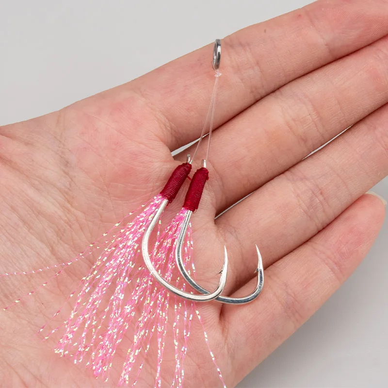 OBSESSION HK013 10 unids/bolsa anzuelo de ayuda de pesca doble de agua salada 1/0 2/0 3/0 anzuelos de pesca de mar de Jigging lento de acero alto en carbono brillante - imagen 4