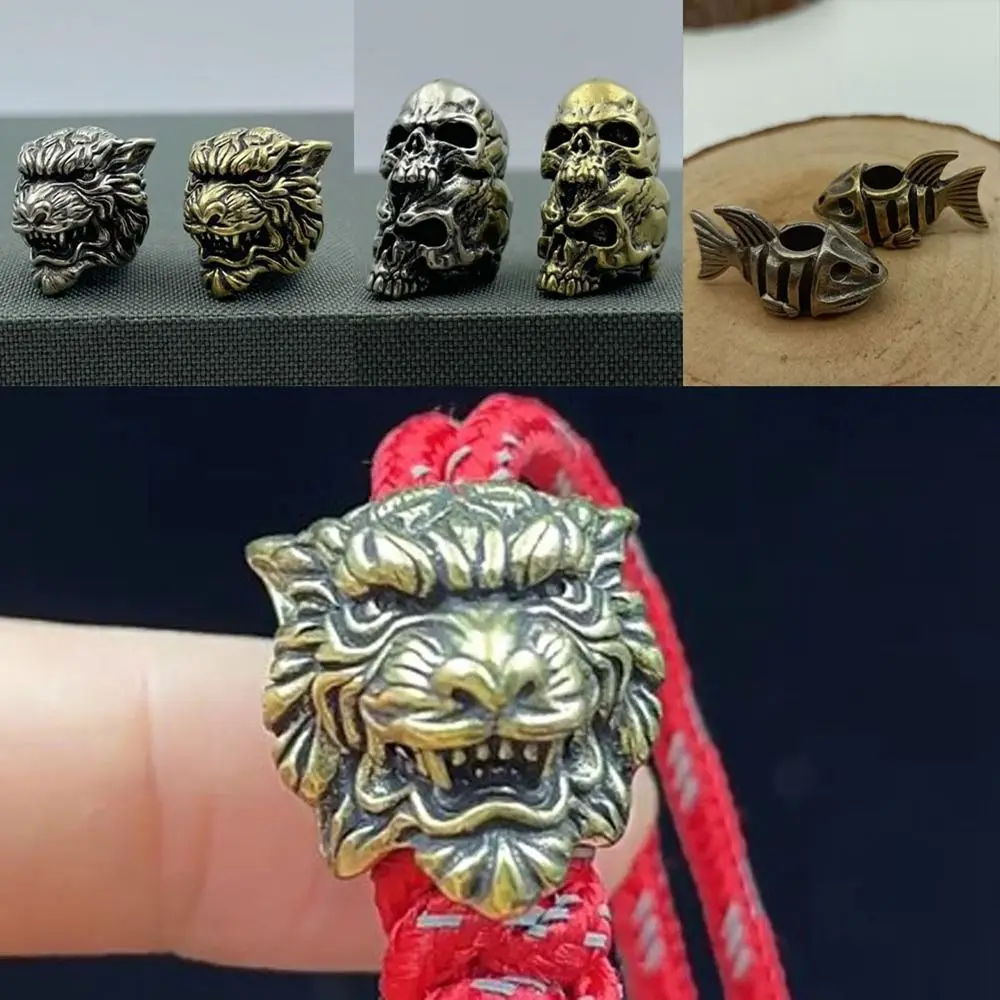 Escultura hecha a mano, cuentas de latón, dijes Retro, Tigre, calavera de doble capa, cuentas de latón, accesorios de joyería DIY, cuentas de Paracord de animales - imagen 2