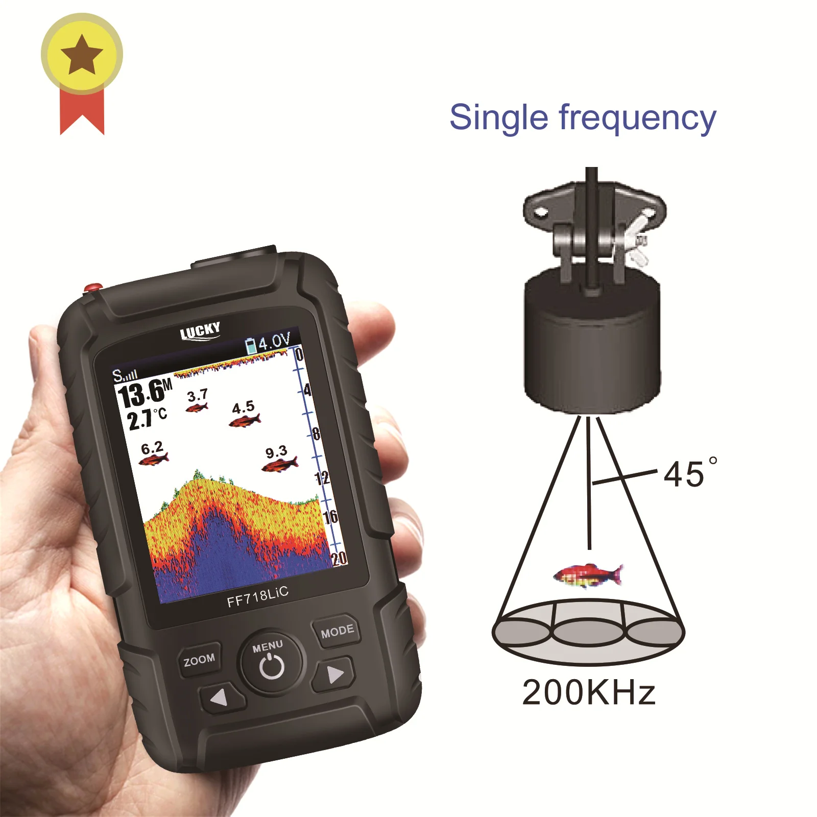 LUCKY-Localizador de peces portátil, frecuencia de Sonar Dual, pantalla LCD a Color de 2,8 pulgadas, 200KHz, 83KHz, 328 pies, detección, menú ruso
