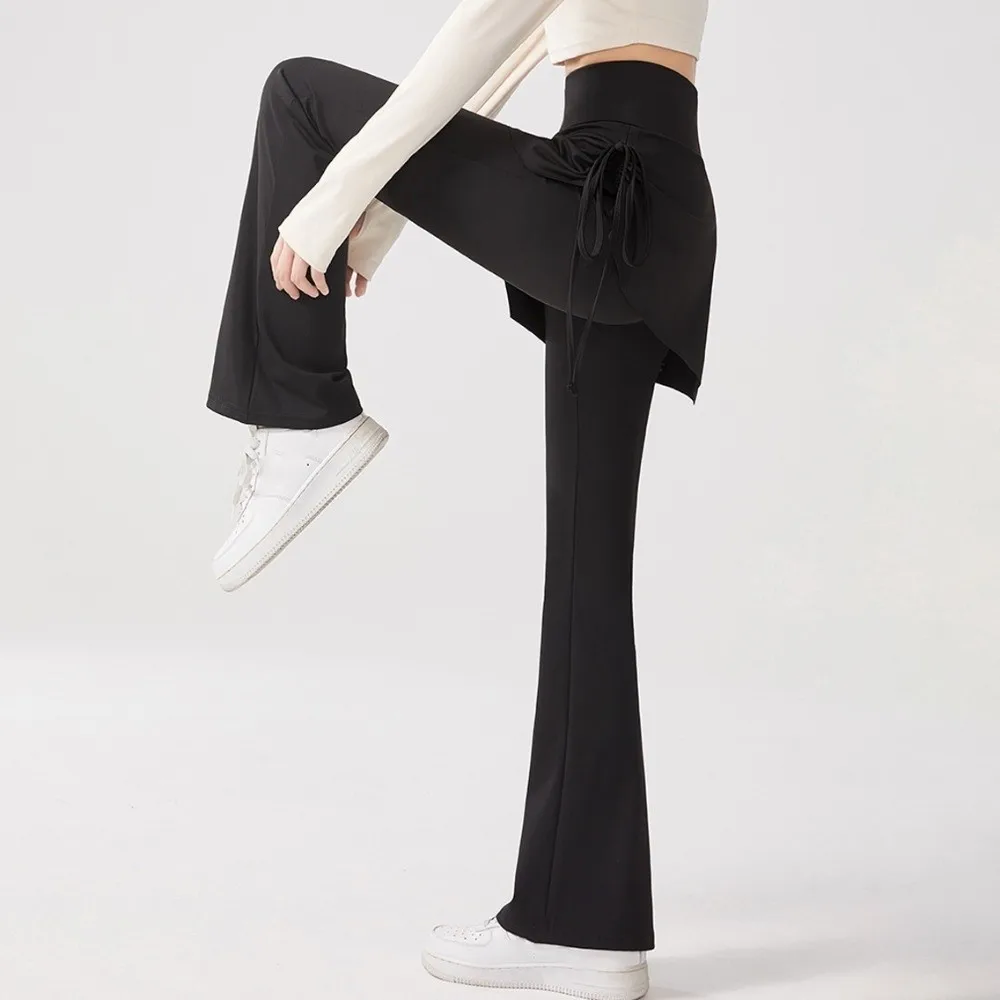 Diseño de falda Leggings de fitness 2 en 1 dobladillo acampanado Leggings deportivos Cordón Secado rápido Pantalones deportivos de yoga Previene la vergüenza - imagen 5