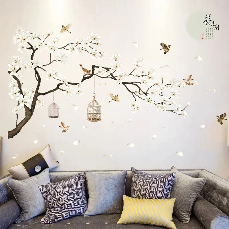 Nuevas pegatinas de pared de árbol, pájaros, flores, decoración del hogar, papel tapiz para sala de estar, dormitorio, decoración de habitaciones de vinilo DIY