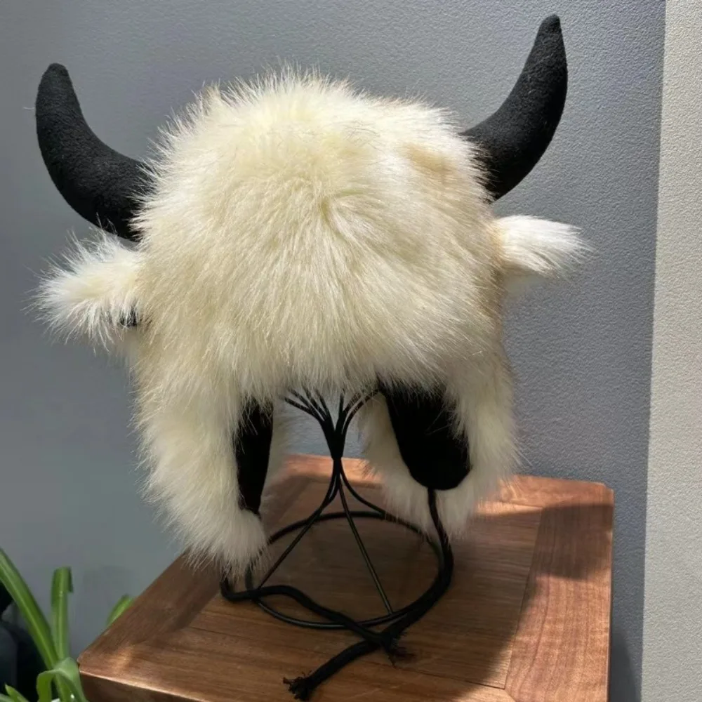 Sombrero de touro unisex de alta calidad, grueso con cuernos, gorro con orejeras, gorro de bisonte esponjoso a prueba de viento