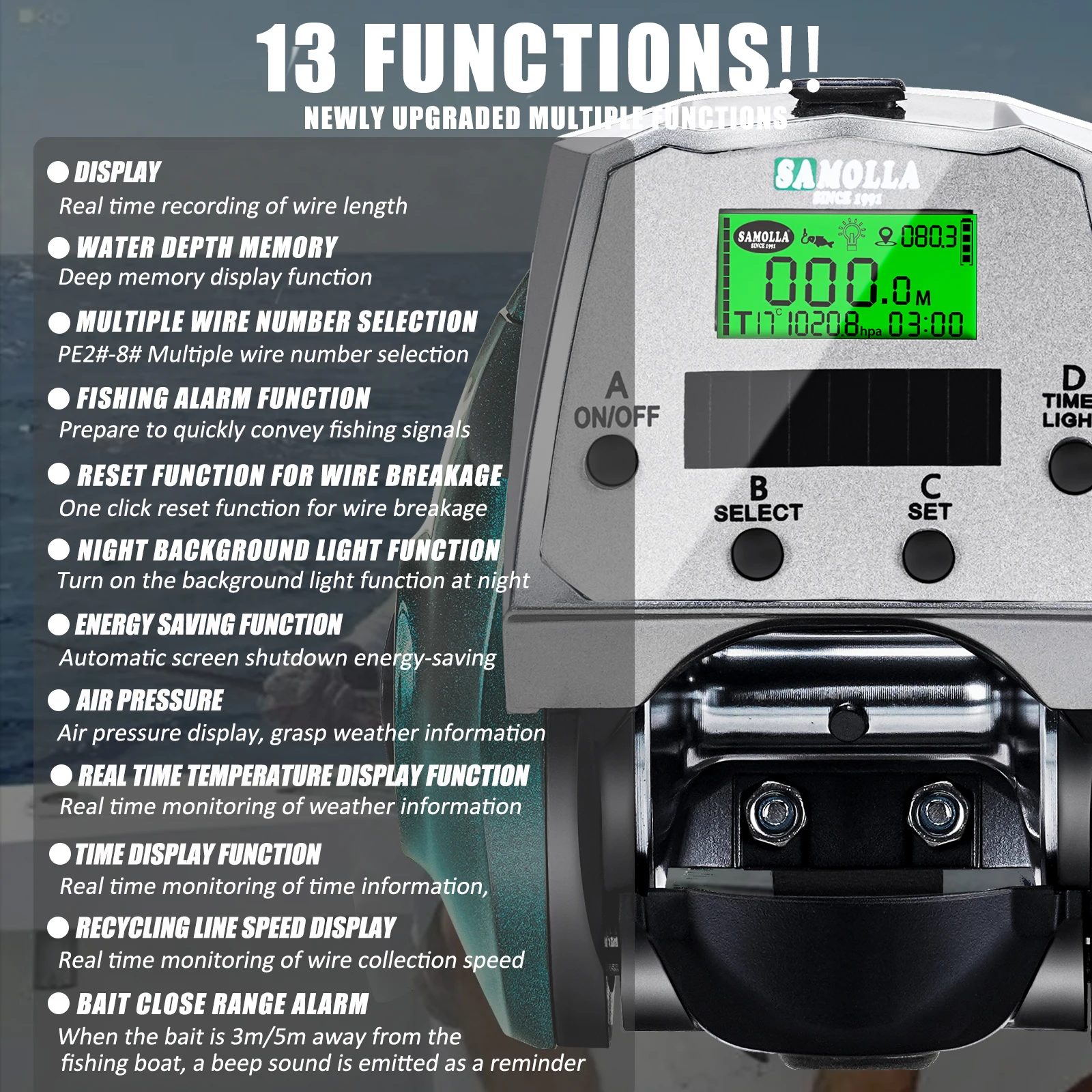 SAMOLLA nuevo carrete de pesca electrónico grande mar Solar + carga USB pantalla grande temperatura/presión de aire carrete de Baitcasting - imagen 2