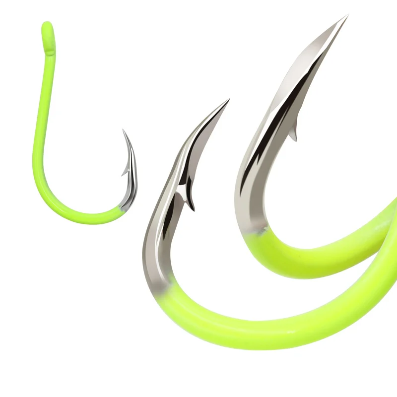 Anzuelos Chinu amarillo fluorescente ZYZ, acero rico en carbono, 13 tamaños, pesca en mar o agua dulce, anzuelos de punta compensada afilados - imagen 3