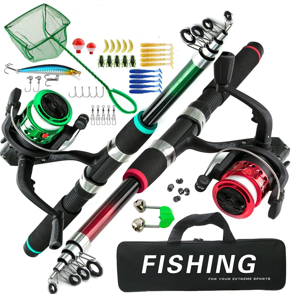 Juego de señuelos para niños, caña de carbono de 1,8 m, caña de pescar de largo alcance, paquete de relación de engranaje 5,2: 1, accesorios de pesca combinados, 1 Juego