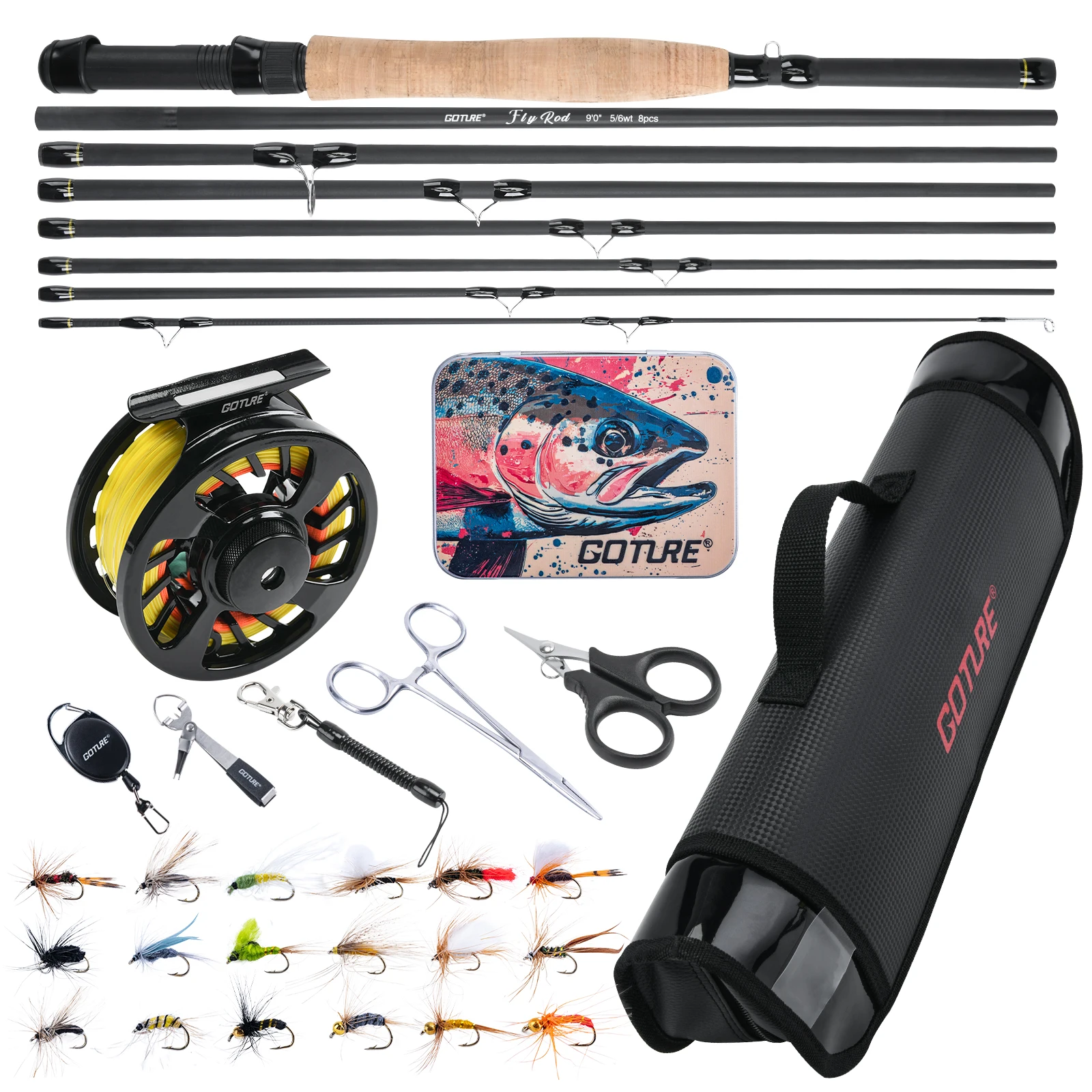 Goture-caña de pescar con mosca y carrete, Kit completo de caña de pescar con mosca de carbono y 5/6 carretes, perca combinada, pesca con mosca, flujo Foy adecuado - imagen 2