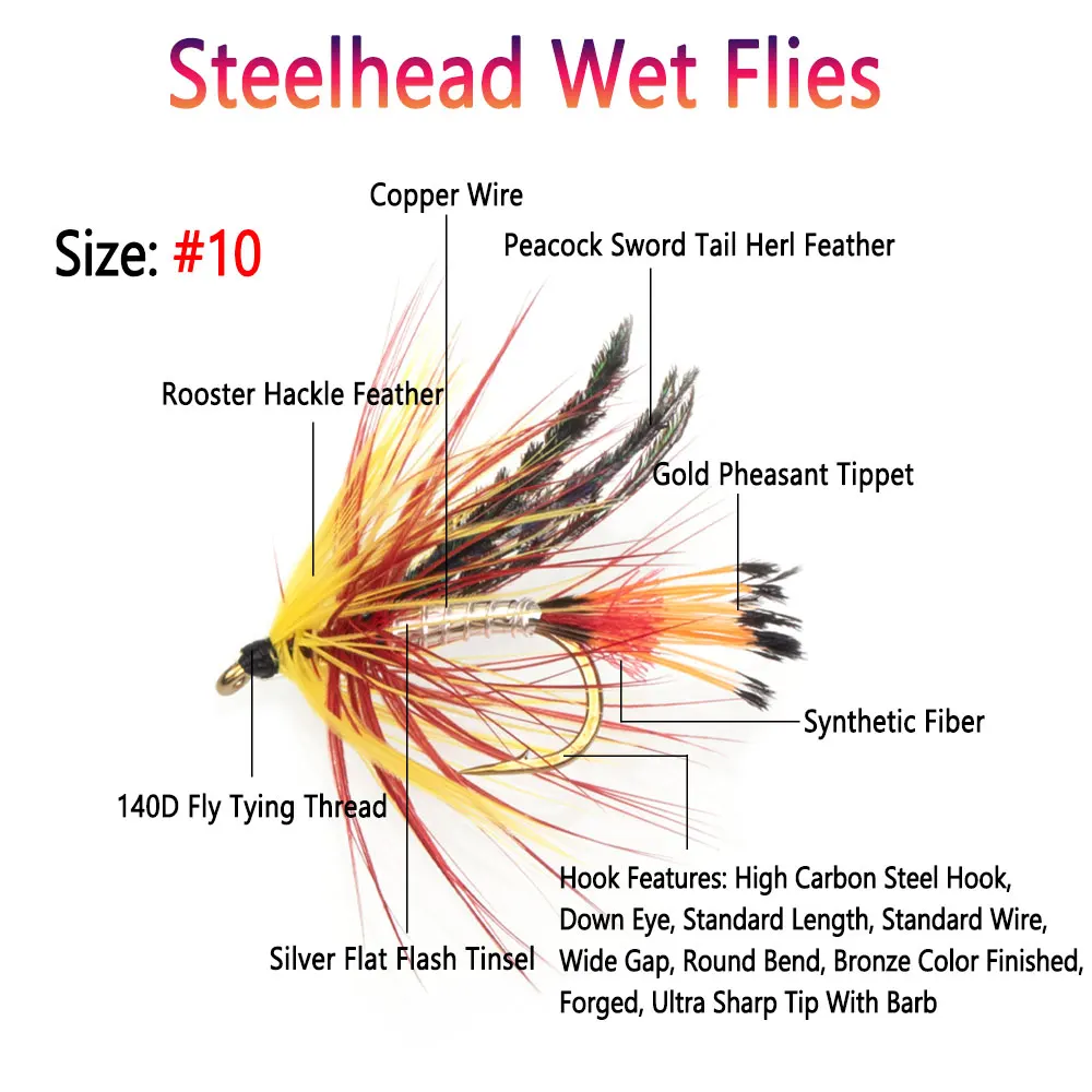 Bimoo 8 piezas # 10 amarillo marrón gallo Hackle Steelhead mosca húmeda púas salmón mosca trucha Steelhead Señuelos de pesca cebos - imagen 2