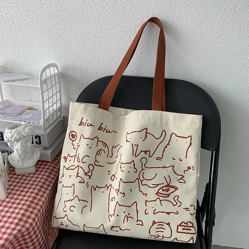 Bolsos de lona, bolso de mano para mujer, bolso de mano con bonito gato y cremallera, bolso de diseñador, bolsos de hombro pequeños de dibujos animados de estilo japonés - imagen 4
