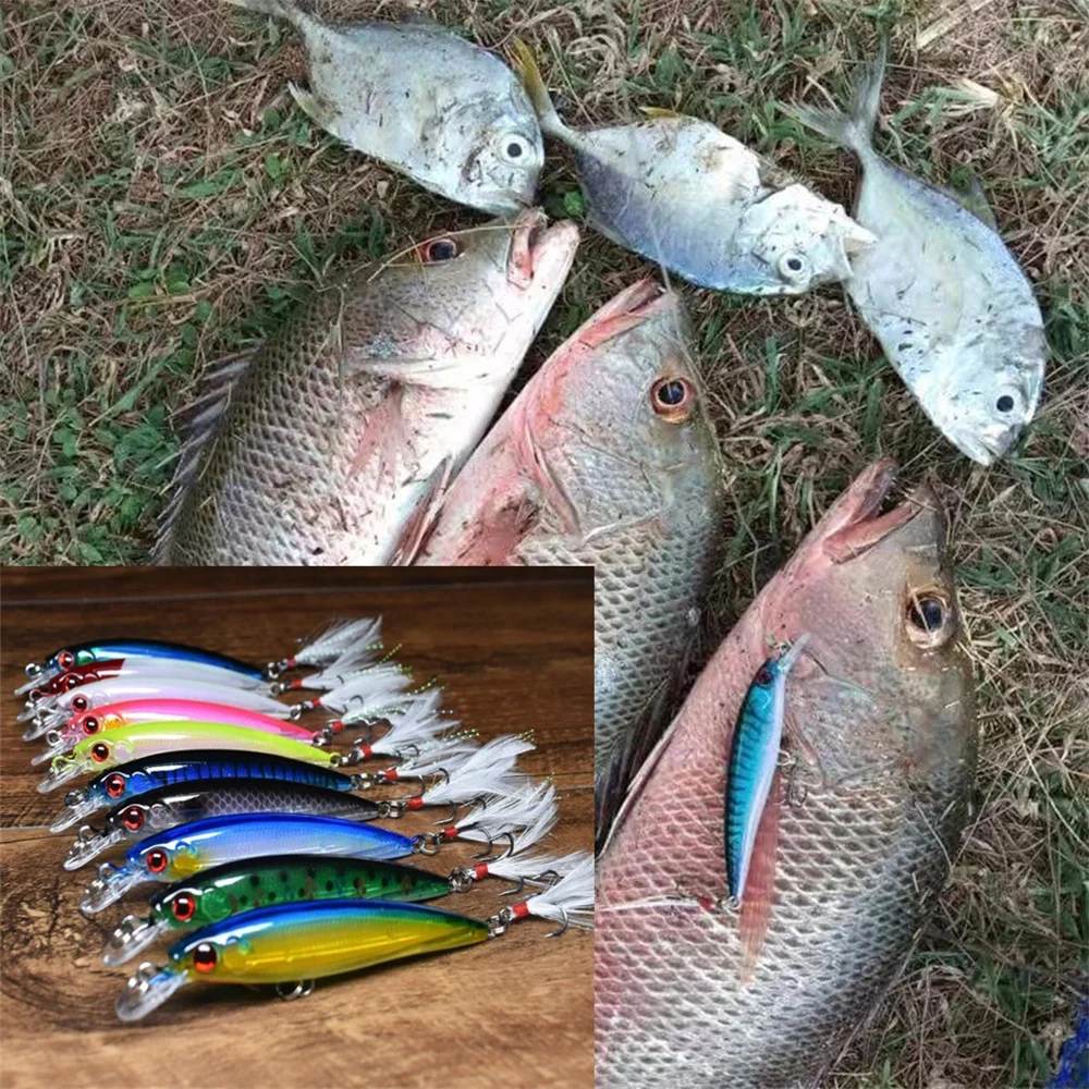 10 Uds. Señuelo de pesca de pececillo biónico con ojos 3D láser 90mm 7g cebo duro Artificial con anzuelo triple de plumas cebo de pesca - imagen 3