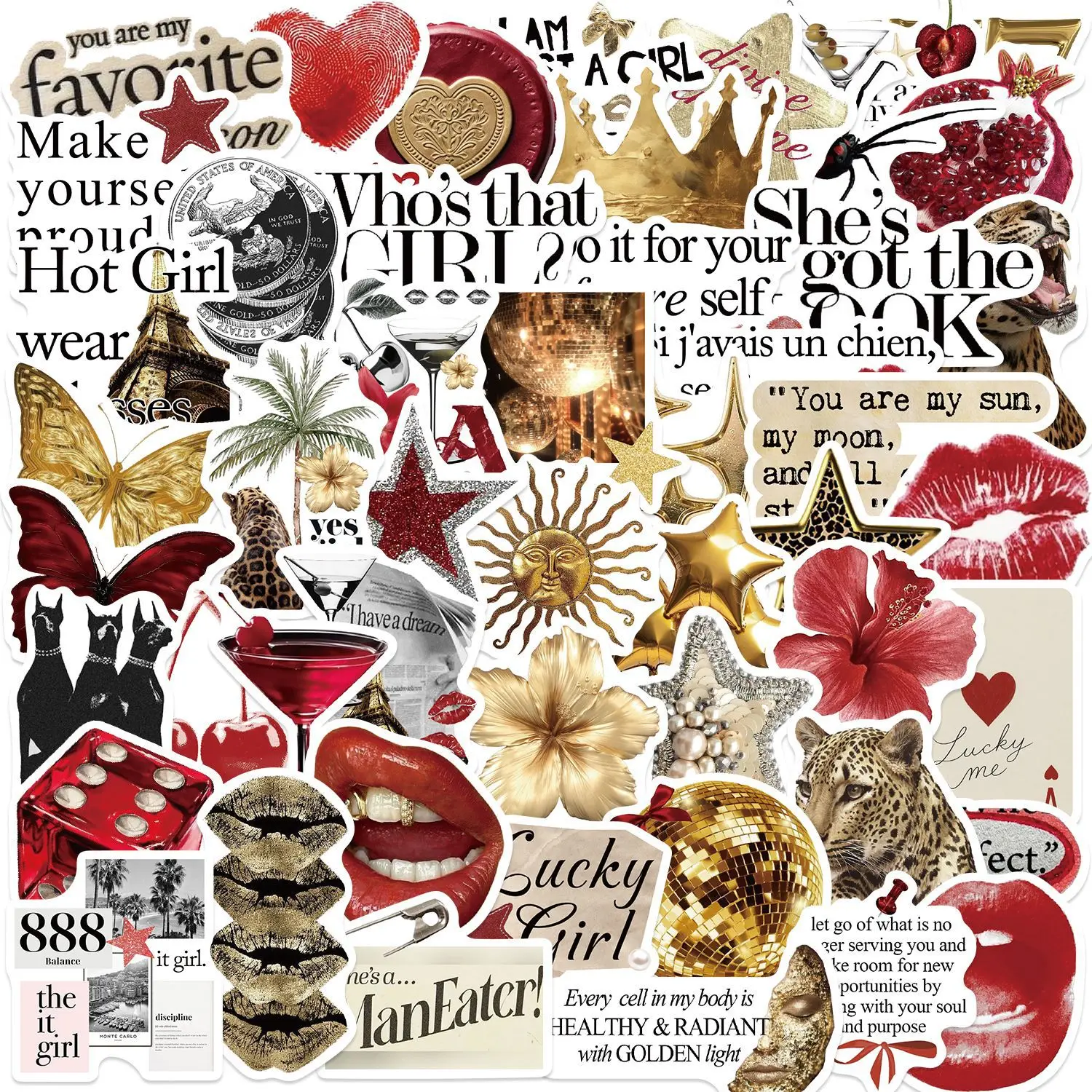 50 Uds. De pegatinas estéticas Retro rojas doradas, bricolaje, teléfono, guitarra, portátil, maleta, botella de agua, pegatinas impermeables, juguetes - imagen 2