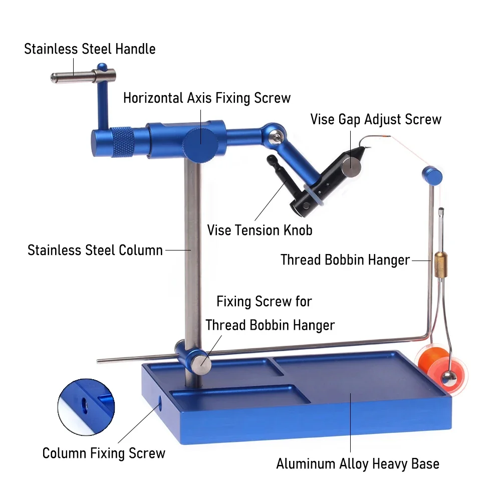 Wifreo-tornillo de Banco azul con mordazas de acero endurecido, Base resistente para pesca con mosca, anzuelo de asistencia, herramientas para hacer señuelos, rotación de 360 ° - imagen 3