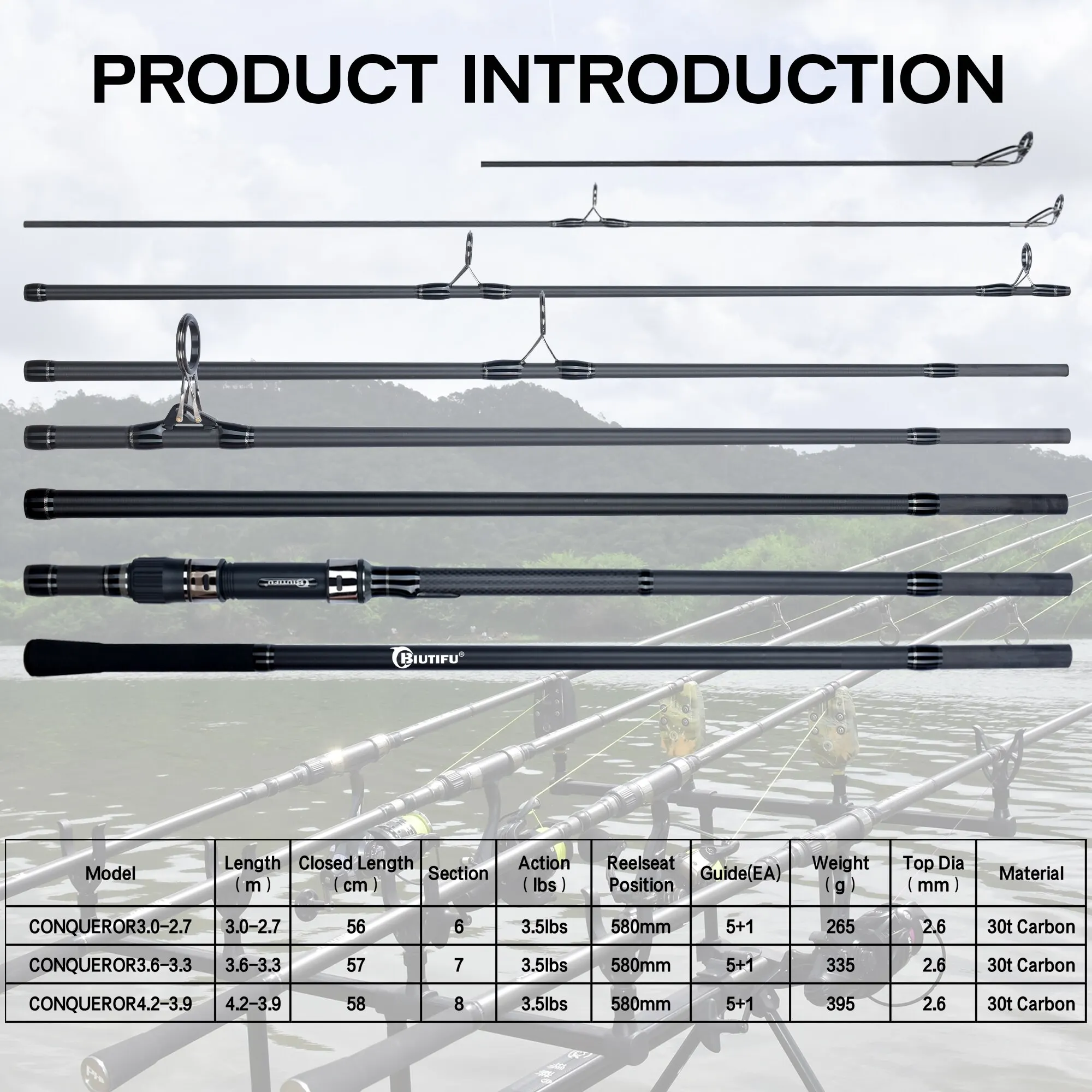 BIUTIFU-caña de pescar de carpa, 2 puntas, 3,5 lb, 7 secciones, 4,2/3,6/3,0 m, 30t, fibra de carbono, lanzamiento de viaje, 60-150m, caña giratoria de fundición a tierra - imagen 2
