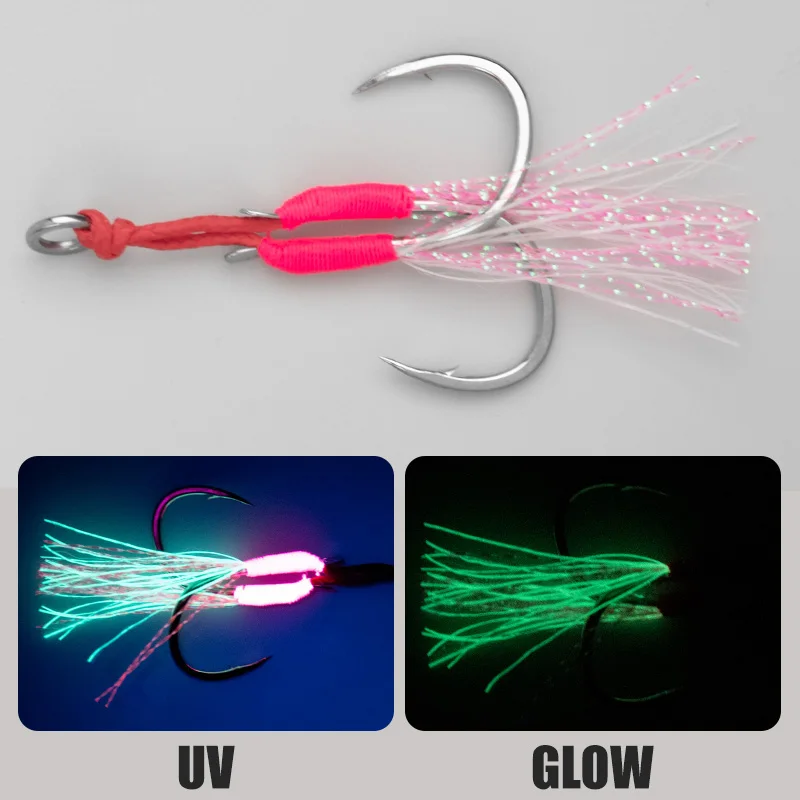 TEASER HK050 5 unids/bolsa 10 unids/bolsa anzuelos gemelos luminosos de plantilla lenta 10 # -15 #   Anzuelo de pesca Jigging con brillo de agua salada, anzuelo de doble asistencia - imagen 5