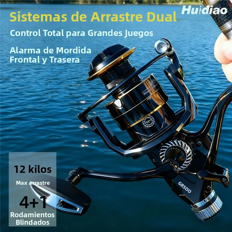 Huidiao carrete giratorio de doble arrastre 4 + 1BB Zero Play carrete de pesca con detección de mordeduras ultrasensible resistente a la corrosión para agua salada