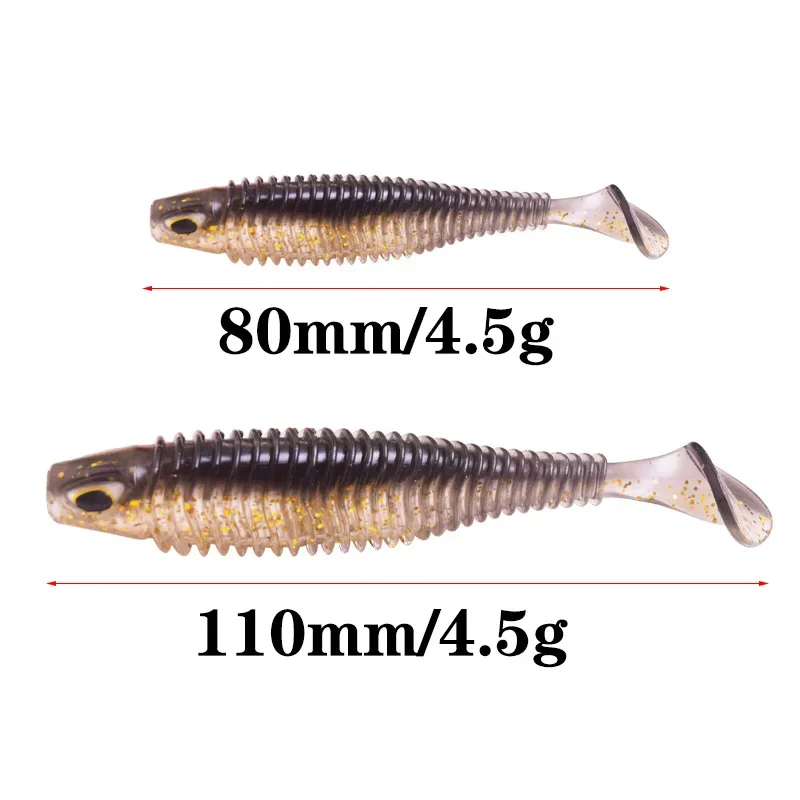 Cebo suave de silicona con ojos 3D, 8cm/11cm, cola en T, Señuelos de pesca Jigging, Wobblers, doble Color, Lucio, aparejos de Swimbait artificiales