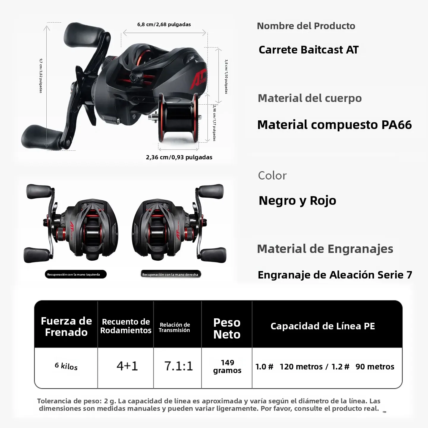 Carrete de pesca Baitcast ultraligero AT2000 para niños, 149g, 4 + 1BB, 7,1: 1 GR, 6kg de arrastre máximo, doble brazo oscilante para agua dulce y salada - imagen 3