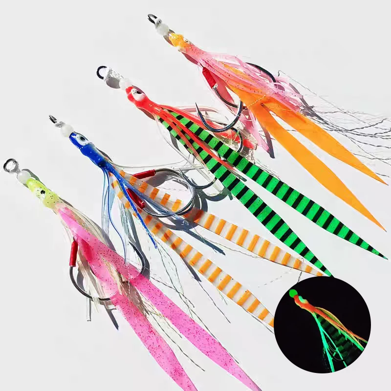 5 unids/lote falda de silicona brillante anzuelo de pesca anzuelos de asistencia con faldas de calamar plantilla luminosa lenta accesorios de pesca de mar