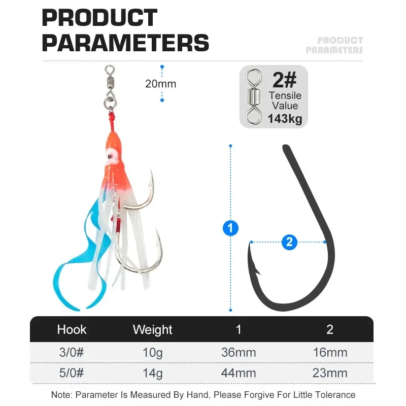 Anzuelo de pesca de agua salada, accesorio giratorio de acero de alto carbono con brillo UV, falda de calamar y pulpo, 3/0, 5/0 - imagen 2