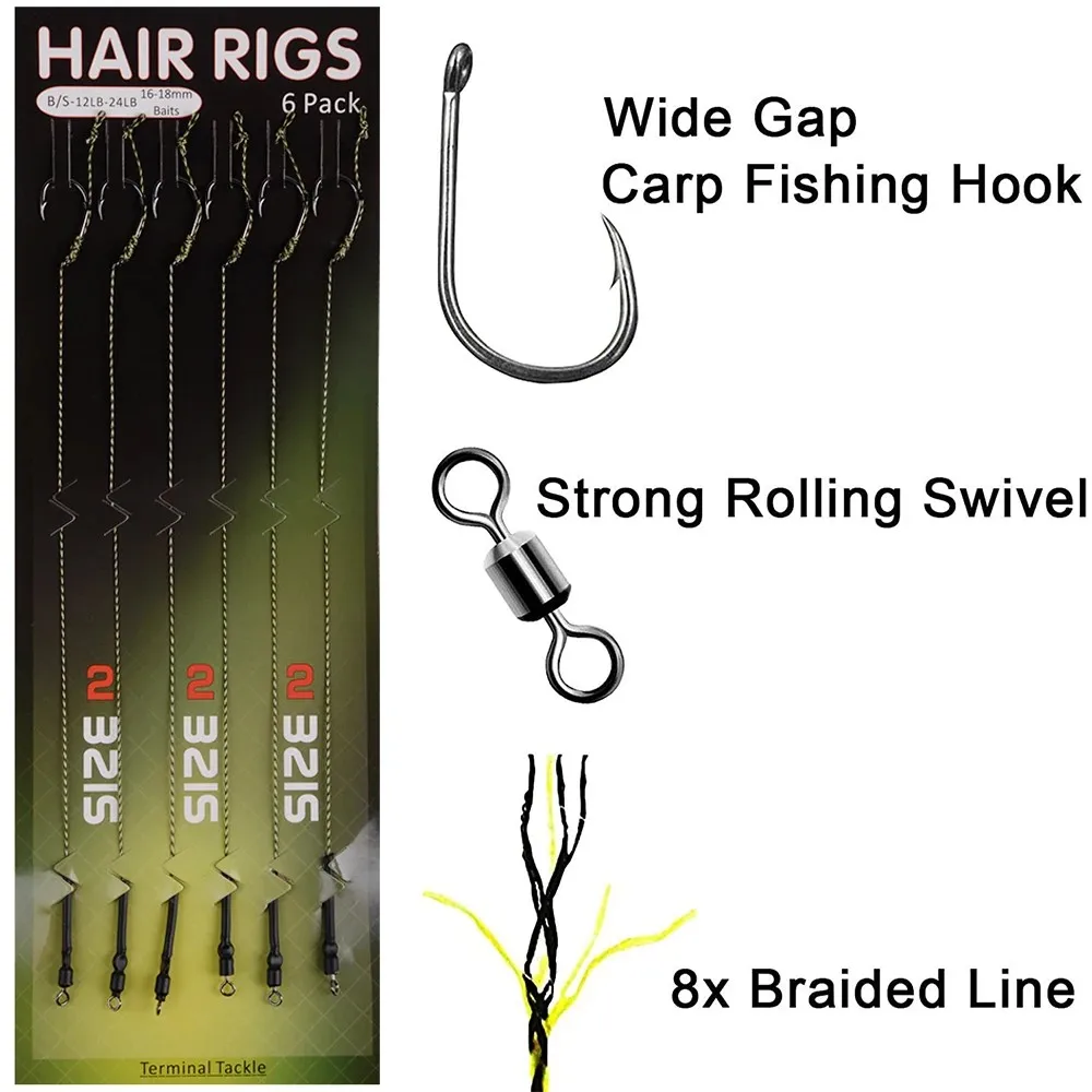 Aparejo de pelo de pesca de carpa, hilo trenzado, línea líder con extensor de pelo, tapones de cebo, ganchos giratorios, mangas, 6 piezas - imagen 3