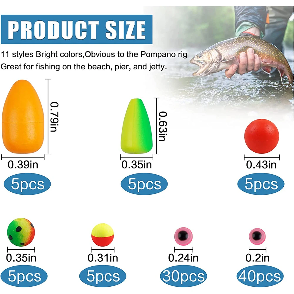Pompano-flotadores de espuma para pesca con mosca, equipo cilíndrico de bala redonda, aparejo inferior, aparejo Walleye, aparejos de pesca de Surf, 155 piezas - imagen 3